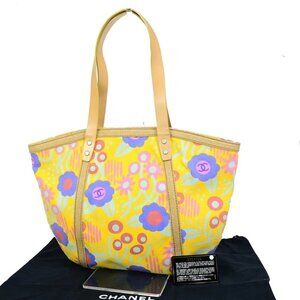 CHANEL CC High Summer Tote Bag Shoulder Canvas Leather Flower Yellow